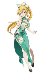 Rule 34 | 1girl, blonde hair, braid, breasts, china dress, chinese clothes, cleavage, dress, floral print, green dress, green eyes, high ponytail, large breasts, leafa, long hair, looking at viewer, non-web source, one eye closed, outstretched arm, pelvic curtain, pointy ears, side braid, simple background, smile, solo, sword art online, twin braids, white background