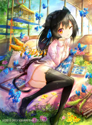 Rule 34 | 1girl, ;3, animal ears, black hair, black thighhighs, book, bug, butterfly, cage, cat tail, fuumi (radial engine), grass, insect, kaku-san-sei million arthur, long hair, long legs, long sleeves, looking at viewer, lying, million arthur (series), on side, one eye closed, original, paw pose, red eyes, solo, tail, thighhighs, thighs, zettai ryouiki