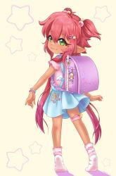 Rule 34 | 1girl, ahoge, artist name, backpack, bag, bow, commentary, dark-skinned female, dark skin, english commentary, fangs, flute, from behind, full body, gradient hair, green eyes, hair between eyes, hair bobbles, hair ornament, hairclip, highres, indie virtual youtuber, instrument, charm (object), kipa-tan, kipaki, long hair, looking at viewer, looking back, multicolored hair, no shoes, overall skirt, paw print soles, pink shirt, pleated skirt, pointy ears, purple bag, purple hair, purple wristband, randoseru, recorder, red hair, shirt, short hair with long locks, short sleeves, sidelocks, simple background, skirt, smile, socks, solo, standing, star (symbol), star hair ornament, thigh strap, tiptoes, two side up, very long hair, virtual youtuber, wind, wind lift, wrist bobbles, wristband, yellow background, yellow bow
