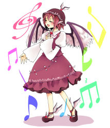 Rule 34 | 1girl, animal ears, bass clef, beamed quavers, closed eyes, female focus, hat, music, musical note, musical note print, mystia lorelei, pink hair, quaver, shoes, short hair, singing, solo, touhou, treble clef, white background, winged footwear, wings, yumesuke
