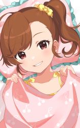 Rule 34 | 1girl, bed sheet, bow, brown eyes, brown hair, camisole, cherry print, commentary request, food print, frilled pillow, frills, futami mami, hair bow, hair ornament, hair scrunchie, hands up, highres, idolmaster, idolmaster (classic), idolmaster million live!, idolmaster million live! theater days, inuyama nanami, lying, on back, pillow, scrunchie, side ponytail, solo, under covers, yellow bow, yellow camisole, yellow scrunchie
