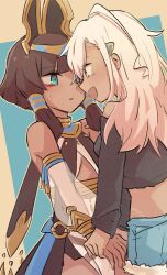Rule 34 | 2girls, alonemistrist, bare shoulders, black shirt, blue eyes, blue shorts, blunt bangs, brown hair, dark-skinned female, dark skin, detached sleeves, dragalia lost, hair ornament, hair tubes, highres, holding hands, long hair, long sleeves, looking at another, midriff, multiple girls, nadine (dragalia lost), nefaria, off-shoulder shirt, off shoulder, open mouth, parted lips, see-through, see-through sleeves, shirt, shorts, white hair, yellow eyes