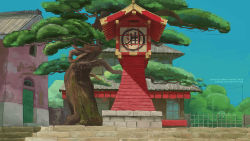 Rule 34 | absurdres, bad id, bad pixiv id, blue sky, brick, commentary, day, deviantart username, door, highres, house, no humans, outdoors, qs2435, scenery, sen to chihiro no kamikakushi, shrine, sky, stairs, tree, watermark, web address, unfinished