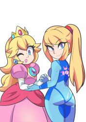 Rule 34 | 2girls, ;), ass, back, bbycheese, blonde hair, blue eyes, bodysuit, breasts, brooch, closed mouth, crown, dress, earrings, elbow gloves, feet out of frame, from behind, gloves, highres, holding hands, jewelry, long dress, long hair, looking at viewer, looking back, mario (series), metroid, multiple girls, nintendo, one eye closed, pink dress, ponytail, princess peach, puffy short sleeves, puffy sleeves, samus aran, short sleeves, sidelocks, simple background, skin tight, smile, sphere earrings, white gloves, zero suit