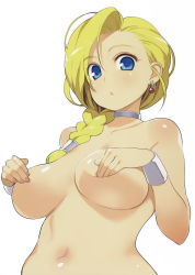 Rule 34 | 1girl, bianca (dq5), blonde hair, blue eyes, braid, breasts, choker, cover, covering privates, covering breasts, covering nipples, deep skin, dragon quest, dragon quest v, earrings, hair over shoulder, highres, jewelry, large breasts, long hair, non-web source, nora higuma, nude, nude cover, single braid, solo, third-party edit