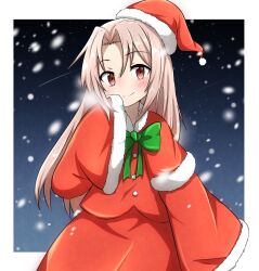 Rule 34 | 1girl, alternate costume, capelet, dress, foreshortening, fur-trimmed capelet, fur-trimmed dress, fur-trimmed headwear, fur trim, grey hair, hat, kantai collection, long hair, rakuto89, red capelet, red dress, red eyes, red hat, santa hat, smile, snow, solo, wide sleeves, zuihou (kancolle)