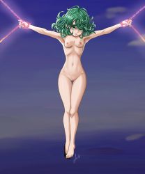 Rule 34 | 1girl, absurdres, armpits, arms stretched, bound, breasts, chain, cleft of venus, curly hair, feet, green eyes, green hair, highres, legs together, luizhtx, navel, nipples, nude, one-punch man, pussy, restrained, ribs, shoes, signature, single shoe, sky, small breasts, solo, tatsumaki, thigh gap