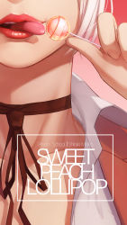 Rule 34 | 10s, 1girl, candy, character name, choker, close-up, food, highres, light smile, lips, lipstick, lollipop, makeup, mouth focus, prison school, red background, shiraki meiko, short hair, silver hair, simple background, solo, tongue, tongue out, vocky