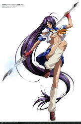 Rule 34 | 1girl, absurdly long hair, absurdres, blue skirt, breasts, cleavage, full body, gotou junji, grey eyes, guan dao, hair ornament, hair over one eye, highres, holding, holding weapon, ikkitousen, kan&#039;u unchou, large breasts, long hair, low-tied long hair, pleated skirt, polearm, purple hair, shirt, simple background, skirt, solo, standing, torn clothes, torn shirt, torns shirt, underboob, very long hair, weapon, white background, white legwear, white shirt