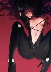 Rule 34 | 1girl, arms up, biting, black bodysuit, bodysuit, boots, bound, bound arms, breasts, breasts out, brown eyes, brown hair, choker, commentary request, fate (series), female pubic hair, from above, hair between eyes, high collar, high heel boots, high heels, highres, large breasts, long hair, looking at viewer, lying, navel, nipple slip, nipples, no bra, on back, open bodysuit, open clothes, pubic hair, red background, reroi, restrained, scathach (fate), skin tight, stomach, unzipped, zipper, zipper pull tab