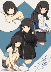 Rule 34 | 1girl, barefoot, black hair, black jacket, black shorts, blue bow, blue camisole, blunt bangs, blush, bow, camisole, commentary request, crossed arms, drawstring, from side, green eyes, hair bow, half-closed eyes, head on pillow, highres, hime cut, hood, hood down, hooded jacket, jacket, kobayashi gen, long sleeves, looking at viewer, multiple views, origami koori, rabbit, school girl strikers, shirt, shorts, signature, smile, squatting, toes, white shirt