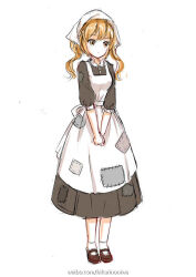 Rule 34 | 1girl, alternate costume, apron, blonde hair, breasts, brown dress, brown footwear, closed mouth, commentary request, dress, enmaided, full body, girls&#039; frontline, korean commentary, long dress, long hair, maid, maid apron, mary janes, medium breasts, own hands together, patch, shoes, short sleeves, short socks, simple background, socks, solo, standing, sten mkii (girls&#039; frontline), third-party source, twintails, victorian maid, watermark, web address, weibo watermark, white apron, white background, white socks, yellow eyes, zhenming