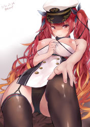 Rule 34 | 1girl, azur lane, bad id, bad pixiv id, bare shoulders, black panties, black ribbon, black thighhighs, blush, breasts, breasts out, buttons, clothes pull, collarbone, crotch, dated, dress, dress pull, elbow gloves, from below, garter straps, gloves, gradient background, groin, hair ribbon, hand on own knee, hat, highres, honolulu (azur lane), large breasts, long hair, looking at viewer, nipples, panties, peaked cap, red eyes, red hair, ribbon, shiromonefu, short dress, side slit, sidelocks, signature, simple background, solo, thighhighs, twintails, underwear, white gloves