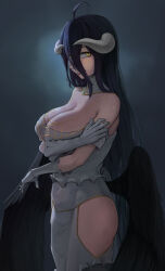 Rule 34 | 1girl, albedo (overlord), antenna hair, arms under breasts, bare hips, black background, black feathers, black hair, breasts, cleavage, collar, covered navel, demon girl, demon horns, detached collar, dress, eyebrows, eyelashes, feathered wings, feathers, feet out of frame, female focus, from side, gloves, hair between eyes, hand on own arm, horns, large breasts, lips, lipstick, long hair, looking at viewer, looking to the side, low wings, makeup, nose, open mouth, overlord (maruyama), red lips, riozoz, simple background, solo, strapless, strapless dress, surprised, thighs, white collar, white dress, white gloves, white horns, wide hips, wings, yellow eyes