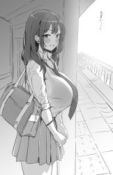 Rule 34 | 1girl, absurdres, bag, blush, bra visible through clothes, breasts, collared shirt, greyscale, highres, hotate-chan, huge breasts, long hair, looking at viewer, loose necktie, monochrome, necktie, original, pleated skirt, railroad tracks, school bag, school uniform, see-through, shirt, sidelocks, skirt, sleeves rolled up, smile, solo, standing, train station, translation request