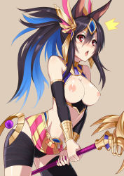 Rule 34 | 1girl, animal ears, anubis (p&amp;d), bad id, bad pixiv id, bandages, bare shoulders, black hair, blue hair, blush, bracelet, breasts, breasts out, commentary request, cowboy shot, egyptian, genderswap, genderswap (mtf), headgear, highres, jackal, jackal ears, jewelry, large breasts, long hair, looking at viewer, multicolored hair, nipples, open mouth, ponytail, puuzaki puuna, puzzle &amp; dragons, red eyes, solo, staff, sweat, two-tone hair