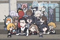 &gt;_&lt; +_+ 1other 6+boys 6+girls animal_costume apron bear_costume bib black_apron black_coat black_eyes black_hair black_pants black_shirt blind_obsession_(e.g.o) blue_hairband blunt_bangs blush bob_cut bongy_(project_moon) bow brown_hair cafe cake catherine_(project_moon) character_doll charon_(project_moon) cigarette closed_eyes coat coat_on_shoulders collared_shirt commentary crystal_wings cup dark-skinned_female dark-skinned_male dark_skin disposable_cup drinking_straw e.g.o_(project_moon) earrings eating english_commentary eye_mask faust_(project_moon) fire food fork gauntlets ghost glass_shards gregor_(project_moon) grey_eyes grey_hair grey_jacket hair_bow hairband headband hong_lu_(project_moon) jacket jang_schna jewelry library_of_ruina limbus_company long_hair low_ponytail maid meursault_(project_moon) multiple_boys multiple_girls nail_(hardware) necktie object_head ootachi orange_hair outis_(project_moon) pants plate project_moon red_eyes red_necktie rodion_(project_moon) roland_(project_moon) ryoshu_(project_moon) sacabambaspis shirt short_hair signature sinclair_(project_moon) single_earring speech_bubble star_(symbol) sticky_note sweatdrop sweater tall_hat tray turtleneck turtleneck_sweater vergilius_(project_moon) white_shirt whitydragon window yellow_eyes yi_sang_(project_moon)