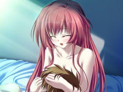 Rule 34 | 1girl, bed, closed eyes, game cg, happy, head on chest, highres, long hair, magus tale, red hair, seera finis victoria, solo, tenmaso, topless