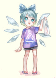 Rule 34 | 1girl, alternate costume, bad id, bad pixiv id, bag, bandaid, blue eyes, blue hair, bow, cirno, contemporary, flip-flops, full body, hair bow, hair ornament, hair ribbon, highres, ice, ice wings, looking up, matching hair/eyes, open mouth, ribbon, sandals, shirt, short hair, short sleeves, shorts, simple background, smile, solo, touhou, usudaidai, wings, yai (hachihito), yellow background