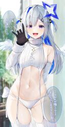 Rule 34 | 1girl, amane kanata, arm behind back, black gloves, blue hair, breasts, colored inner hair, detached sleeves, garter straps, gloves, grey hair, hair intakes, hair ornament, hairpin, halo, hazuki yuzuru, highres, hololive, long hair, meme attire, multicolored hair, navel, open mouth, panties, partially fingerless gloves, purple eyes, sleeveless, sleeveless sweater, small breasts, smile, solo, star halo, sweater, teeth, thighhighs, turtleneck, turtleneck sweater, two side up, underwear, upper teeth only, virgin destroyer sweater, virtual youtuber, white garter straps, white panties, white sleeves, white sweater, white thighhighs