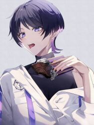 Rule 34 | 1boy, black shirt, candy, chocolate, chocolate bar, food, genshin impact, hair between eyes, highres, jacket, male focus, namimenou, open mouth, purple eyes, purple hair, scaramouche (genshin impact), shirt, short hair, solo, tongue, tongue out, white jacket