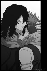 Rule 34 | 2boys, bags under eyes, black border, bloodshot eyes, boku no hero academia, border, closed mouth, eraser head (boku no hero academia), facial hair, fingernails, hair between eyes, hand on another&#039;s head, hug, long sleeves, male focus, multiple boys, mustache stubble, popo take, scarf, scarf over mouth, shinsou hitoshi, simple background, sparse stubble, stubble, tears, twitter username, upper body