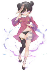 Rule 34 | 1girl, :d, arm up, asymmetrical legwear, bad anatomy, bandaged leg, bandages, black hair, black legwear, black panties, bow, chinese clothes, clothes lift, double bun, dress, dress lift, eyes visible through hair, fang, fingernails, full body, gau (n00 shi), hair between eyes, hair bun, highres, jiangshi, lifted by self, long hair, long sleeves, looking at viewer, nail polish, ofuda, open mouth, original, panties, paw pose, pink eyes, red dress, shoes, simple background, skin fang, smile, solo, thighs, translation request, underwear, uneven legwear, walking, white background, wide sleeves