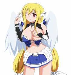 Rule 34 | 1girl, artist request, astraea (sora no otoshimono), blonde hair, blush, breasts, female focus, long hair, miniskirt, one eye closed, red eyes, simple background, skirt, solo, sora no otoshimono, tagme, thighs, white background, wings, wink