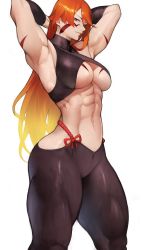Rule 34 | 1girl, abs, absurdres, armpits, arms behind head, arms up, bare arms, bare shoulders, biceps, black pants, blonde hair, body markings, breasts, collarbone, detached sleeves, facepaint, fuuma kotarou (tenkaichi), gradient hair, halterneck, highres, large breasts, long hair, looking at viewer, multicolored hair, muscular, muscular female, navel, pants, red eyes, red hair, smile, solo, tenkaichi nihon saikyou bugeisha ketteisen, thick thighs, thighs, toned, underboob, yoshio (55level)