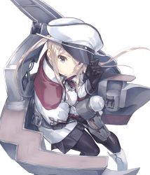Rule 34 | 10s, 1girl, bad id, bad tumblr id, black pantyhose, blonde hair, cannon, capelet, gloves, graf zeppelin (kancolle), grey eyes, hair between eyes, hat, holding, holding clothes, holding hat, jacket, kantai collection, kriegsmarine, long hair, looking at viewer, machinery, miniskirt, pantyhose, peaked cap, pleated skirt, sidelocks, skirt, solo, turret, twintails, uniform, yomo (majidon)