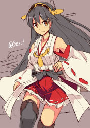 Rule 34 | 10s, 1girl, bare shoulders, black hair, black legwear, detached sleeves, hair ornament, hairband, hairclip, haruna (kancolle), kantai collection, long hair, long sleeves, machinery, nontraditional miko, red skirt, seo tatsuya, simple background, skirt, solo, turret, twitter username, wide sleeves