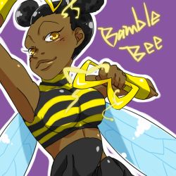 Rule 34 | 1girl, bee costume, black hair, bumble bee, cartoon network, character name, dark-skinned female, dark skin, dc comics, double bun, electricity, female focus, hair bun, insect wings, karen beecher, kuraco, lowres, midriff, pants, purple background, shirt, simple background, sleeveless, solo, striped clothes, striped shirt, teen titans, two-tone stripes, vambraces, weapon, wings, yellow eyes