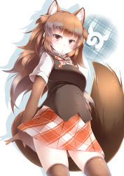 Rule 34 | 10s, 1girl, absurdres, animal ear fluff, animal ears, brown gloves, brown hair, brown thighhighs, commentary, dhole (kemono friends), dog ears, dog tail, elbow gloves, extra ears, fur collar, gloves, highres, japari symbol, kanzakietc, kemono friends, long hair, looking at viewer, open mouth, plaid, plaid skirt, pleated skirt, skirt, solo, tail, thighhighs
