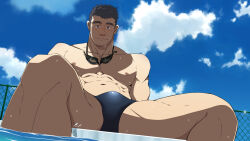 Rule 34 | 1boy, abs, bara, black hair, black male swimwear, blue sky, blush, bulge, crotch, facial hair, feet out of frame, from below, goatee, goggles, goggles around neck, highres, large pectorals, looking at viewer, male focus, male swimwear, mature male, muscular, muscular male, navel, nipples, original, oro9, paid reward available, pectorals, pool, short hair, sideburns, sky, smile, solo, stomach, stubble, swim briefs, thick eyebrows, thick thighs, thighs, topless male, wet