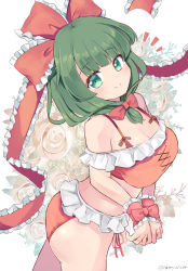 Rule 34 | 1girl, arm ribbon, bikini, bow, breasts, cleavage, floral background, flower, frills, from above, front ponytail, green eyes, green hair, highres, kagiyama hina, looking at viewer, ramudia (lamyun), ribbon, rose, smile, solo, swimsuit, touhou, wrist ribbon