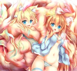 Rule 34 | 2girls, absurdres, animal ear fluff, animal ears, bikini, bikini top only, blonde hair, blue bikini, blue eyes, blue jacket, blue thighhighs, bow, breasts, child, commentary request, fang, flying nimbus, fox ears, fox girl, fox tail, front-tie top, gluteal fold, green hair, hair between eyes, highres, huge filesize, hugging another&#039;s tail, hugging tail, jacket, kitsune, komuginyan, kyuubi, large tail, long hair, looking at viewer, lowleg, lowleg panties, medium breasts, multicolored hair, multiple girls, multiple tails, navel, open clothes, open jacket, open mouth, original, panties, single thighhigh, smile, standing, striped bikini, striped bikini top, striped clothes, striped legwear, striped panties, striped thighhighs, swimsuit, tail, tail wrap, thighhighs, two-tone hair, underwear, very long hair, white bow