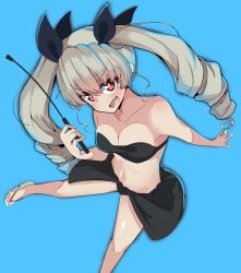 Rule 34 | 1girl, absurdres, anchovy (girls und panzer), bikini, black bikini, black ribbon, black sarong, blue background, blush, breasts, cleavage, commentary, drill hair, fang, girls und panzer, green hair, hair ribbon, highres, holding, holding riding crop, kshimu, leg up, long hair, looking at viewer, medium breasts, navel, open mouth, red eyes, ribbon, riding crop, sandals, sarong, simple background, skin fang, smile, solo, standing, standing on one leg, strapless, strapless bikini, swimsuit, twin drills, twintails, v-shaped eyebrows, white footwear