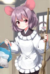 Rule 34 | 1girl, alternate costume, animal, animal ears, animal on tail, blush, broom, brown kimono, bucket, character name, closed mouth, commentary request, cowboy shot, dot nose, enmaided, frilled shirt collar, frills, grey hair, grey tail, highres, holding, holding broom, holding bucket, indoors, japanese clothes, kimono, long sleeves, looking at viewer, maid, mouse (animal), mouse ears, mouse girl, mouse tail, nazrin, pink eyes, pink hair, ruu (tksymkw), shirt, short hair, smile, solo, split mouth, standing, striped clothes, striped kimono, tail, tail raised, touhou, vertical-striped clothes, vertical-striped kimono, water, white shirt