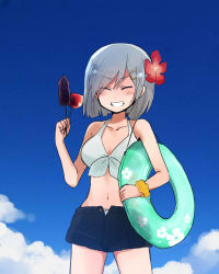 Rule 34 | 10s, 1girl, annin musou, bad id, bad pixiv id, blue sky, breasts, candy apple, closed eyes, cloud, day, flower, food, front-tie top, grey hair, grin, hair flower, hair ornament, hairclip, hamakaze (kancolle), highres, holding, holding food, innertube, kantai collection, large breasts, midriff, navel, scrunchie, shirt, short hair, shorts, sketch, skewer, sky, smile, solo, squid, swim ring, tied shirt, wrist scrunchie