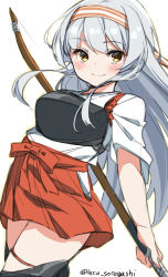 1girl blush boots bow_(weapon) hakama hakama_short_skirt hakama_skirt headband holding holding_bow_(weapon) holding_weapon japanese_clothes kantai_collection laco_soregashi long_hair muneate one-hour_drawing_challenge red_hakama shoukaku_(kancolle) sidelocks simple_background skirt smile solo tasuki thigh_boots thighhighs twitter_username weapon white_background white_hair yellow_eyes