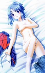 Rule 34 | 1girl, blue eyes, blue hair, bra, breast hold, breasts, chocolat maid cafe curio, clothes on floor, clothes pull, covering privates, covering breasts, highres, holding, holding bra, holding clothes, holding underwear, lingerie, matching hair/eyes, navel, nekonyan, oomura midori, panties, panties only, pants, pants around one leg, pants pull, ponytail, smile, socks, solo, topless, underwear, underwear only