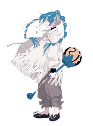 Rule 34 | 1girl, black footwear, blue hair, braid, closed mouth, collared jacket, commentary, earrings, facing to the side, from side, full body, highres, holding rod, jacket, jewelry, kuro (kuroda asuka), long hair, long sleeves, multicolored hair, necklace, original, pants, shoes, sidelocks, signature, simple background, sleeves rolled up, solo, standing, turtleneck, twin braids, white background, white hair, white jacket