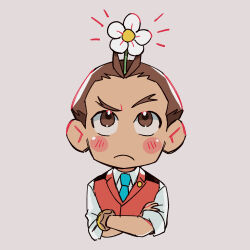 Rule 34 | 1boy, ace attorney, antenna hair, apollo justice, aqua necktie, blush stickers, bracelet, brown eyes, brown hair, closed mouth, collared shirt, crossed arms, flower, flower on head, frown, highres, jewelry, lapel pin, lapels, looking up, male focus, necktie, no nose, pink background, red vest, reikacchan, shirt, short hair, sleeves rolled up, solo, upper body, vest, white flower, white shirt