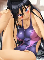 Rule 34 | 1girl, artist name, black hair, blue eyes, blush, breasts, competition swimsuit, derivative work, facu10mag, large breasts, long hair, looking at viewer, one-piece swimsuit, original, purple one-piece swimsuit, sitting, smile, solo, swimsuit