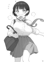 Rule 34 | 1girl, bag, blush, bread slice, collared shirt, commentary request, dress shirt, flying sweatdrops, food, food in mouth, greyscale, highres, long sleeves, monochrome, mouth hold, necktie, original, plaid necktie, pleated skirt, running, school bag, school uniform, shirt, simple background, skirt, solo, takenoko no you, toast, toast in mouth, white background