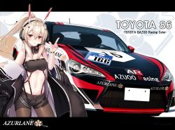 Rule 34 | 1girl, ayanami (azur lane), ayanami (rock &#039;n&#039; demon) (azur lane), azur lane, bandeau, bare shoulders, black coat, black shorts, breasts, brown hair, brown pantyhose, car, coat, commentary request, copyright name, cowboy shot, hair ornament, headgear, headphones, index finger raised, letterboxed, long hair, long sleeves, looking at viewer, midriff, motor vehicle, navel, off shoulder, open clothes, open coat, open fly, pantyhose, parted lips, ponytail, red eyes, risemu (c liesem), short shorts, shorts, small breasts, solo, standing, toyota 86, vehicle focus