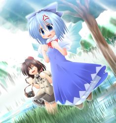 Rule 34 | 2girls, ^ ^, anger vein, angry, black ribbon, black skirt, blue bow, blue eyes, blue hair, bow, bowtie, brown hair, brush, buttons, camera, cirno, clenched hands, closed eyes, fairy, female focus, frilled skirt, frills, grass, hair bow, hat, ice, ice wings, kso, multiple girls, nature, neck ribbon, open mouth, paintbrush, puffy short sleeves, puffy sleeves, red bow, red bowtie, ribbon, shameimaru aya, shirt, short hair, short sleeves, skirt, skirt set, tokin hat, touhou, tree, water, white shirt, wings