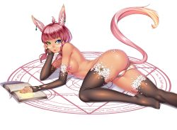 Rule 34 | 1girl, ahoge, animal ears, anus, arm warmers, ass, warrior of light (ff14), blue eyes, book, braid, breasts, cameltoe, cleft of venus, colored eyelashes, crotch seam, dark-skinned female, dark skin, earrings, final fantasy, final fantasy xiv, full body, gem, green eyes, green gemstone, grimoire, hand on own cheek, hand on own face, head rest, head tilt, heterochromia, impossible clothes, jewelry, looking at viewer, lucknight, lying, magic circle, medium breasts, miqo&#039;te, on side, open book, panties, pasties, photoshop (medium), pink hair, short braid, short hair, simple background, smile, solo, tail, tayelle ebonclaw, thighhighs, thighs, topless, tsurime, twin braids, underwear, white background, white panties