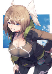 Rule 34 | 1girl, absurdres, black bodysuit, blue eyes, bodysuit, breasts, brown hair, chest tattoo, cleavage, eunie (xenoblade), hand on leg, hand on own hip, hand on own leg, hand on own thigh, head wings, highres, hood, hooded jacket, jacket, large breasts, leaning forward, pocket, smile, tattoo, wings, xenoblade chronicles (series), xenoblade chronicles 3, yatai (ya2taic)