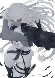 Rule 34 | 1girl, aiming, bare shoulders, battle rifle, braid, breasts, cartridge, commentary, dark-skinned female, dark skin, engraved, fate/grand order, fate (series), finger on trigger, gloves, glowing, glowing eyes, gun, hair between eyes, highres, holding, holding sword, holding weapon, imizu (nitro unknown), lakshmibai (fate), large breasts, limited palette, long hair, looking at viewer, m14, red eyes, rifle, sheath, sideboob, simple background, sleeveless, solo, sword, thighhighs, twin braids, very long hair, weapon, white background